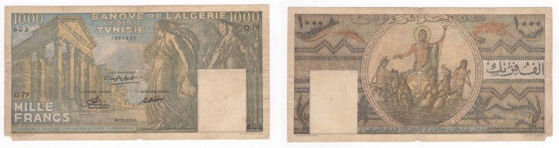 Tunisia - Banca dell'Algeria e della Tunisia - 1000 Francs 1950 - P29a - Pieghe ...