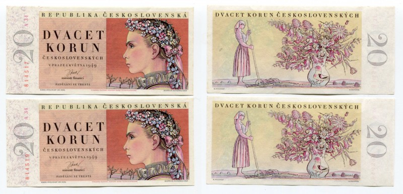 Czechoslovakia 2 x 20 Korun 1949
P# 70a; #814517; #814519; UNC