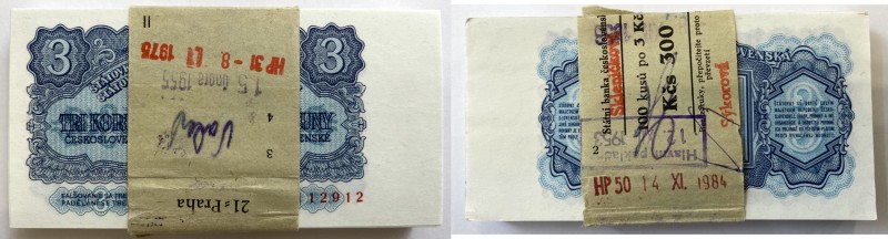 Czechoslovakia Original Bundle with 100 Banknotes 3 Koruny 1953 Consecutive Numb...