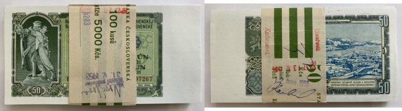 Czechoslovakia Original Bundle with 100 Banknotes 50 Korun 1953 Consecutive Numb...