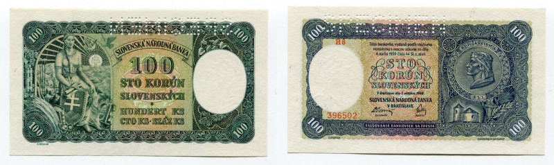 Slovakia 100 Korun 1940 Specimen
P# 10s; UNC