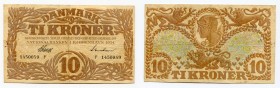 Denmark 10 Kroner 1934
P# 26i; WIth Pinholes; VF