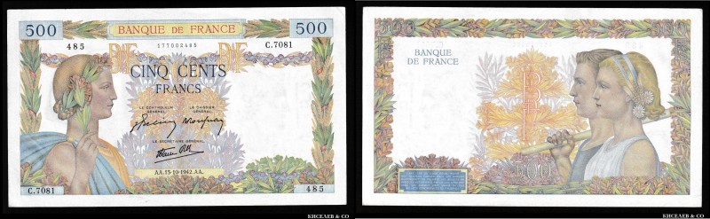 France 500 Francs 1942
P# 95b; Without holes; aUNC