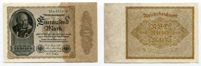 Germany - Weimar Republic 1000 Mark 1922
P# 82a; XF+