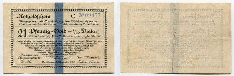 Germany - Weimar Republic East Prussia Magistrat of Gumbinnen 21 Gold Pfennig-1/...