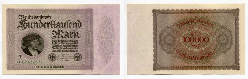 Germany - Weimar Republic 100000 Mark 1923
P# 83c; AUNC