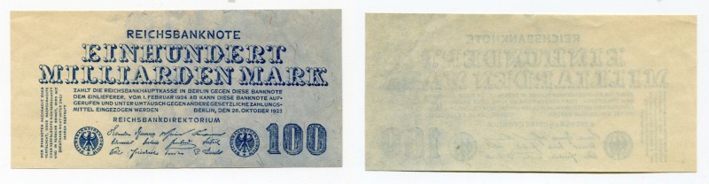 Germany - Weimar Republic 100 Milliraden Mark 1923
P# 126; AUNC-