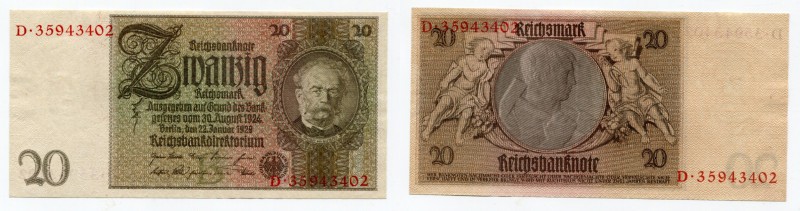 Germany - Weimar Republic 20 Reichsmark 1929
P# 181a; UNC-