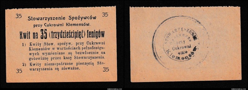 Poland Klemensow Sugar Factory 35 Pfennigs 1915 Very Rare
aUNC-UNC