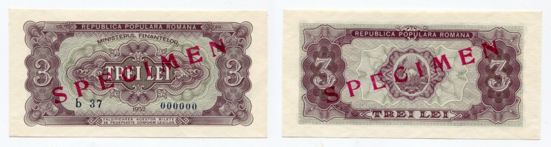 Romania 3 Lei 1952 Specimen
P# 82s; AUNC