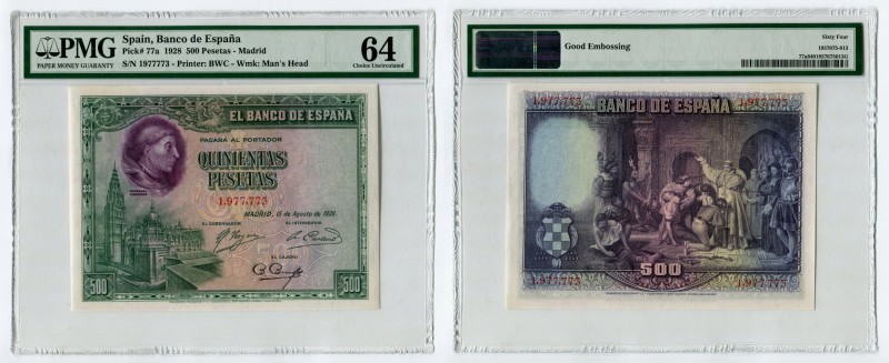 Spain 500 Pesetas 1928 PMG64 RARE
P# 77a; № 1977773; UNC; Large Banknote; "Fran...