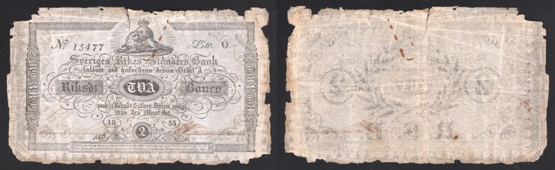 Sweden 2 Riksdaler 1855 Rare
P# A124b; F