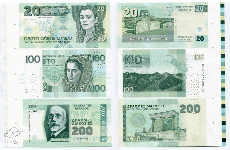 World Uncutted Sheet of 3 Notes 2015 Canceled Test Print with Gábriš's Signature...