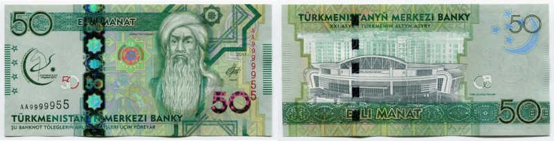 Turkmenistan 50 Manat 2017 Commemorative
P# 40; № AA 9999955; UNC; Fine Serial;...