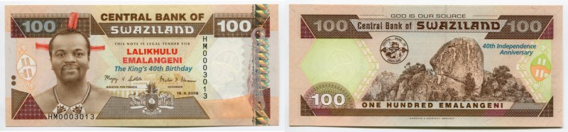 Swaziland 100 Emalangeni 2008 Commemorative
P# 34; № HM 0003013; UNC