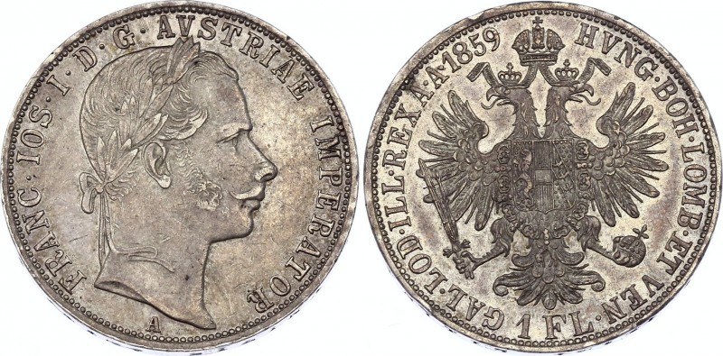 Austria 1 Florin 1859 A
KM# 2219; Silver; Franz Joseph I; XF+/AUNC- with Nice V...