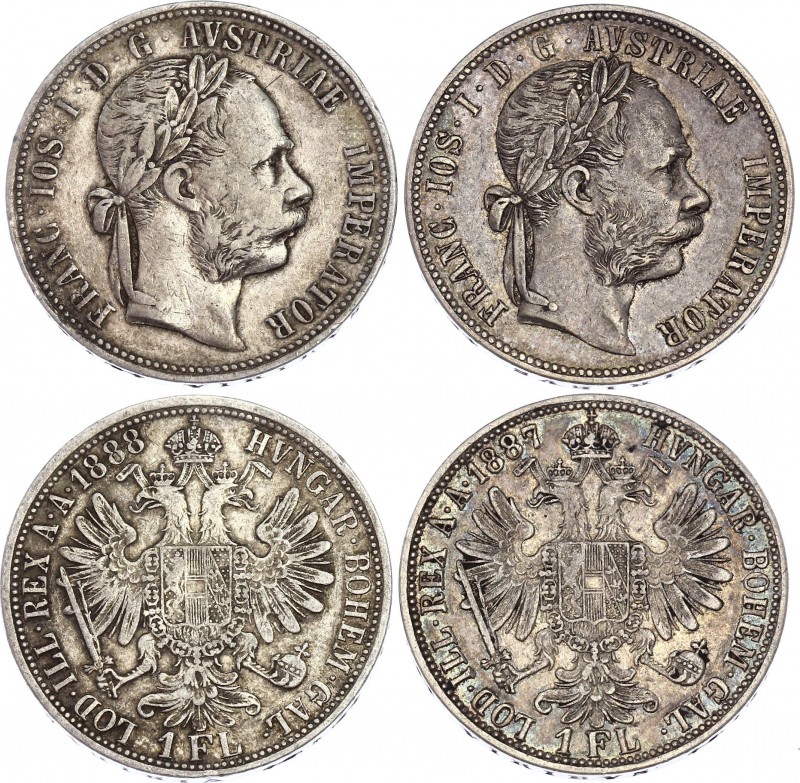 Austria 2 x 1 Florin 1887 & 1888
KM# 2222; Silver; Franz Joseph I