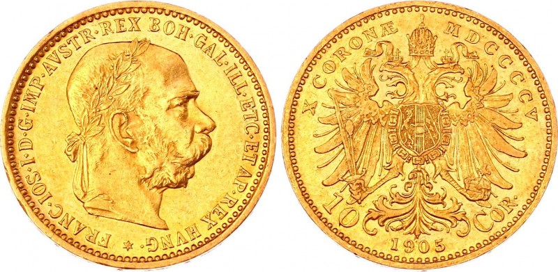 Austria 10 Corona 1905
KM# 2805; Gold (.900) 3.38g 19mm; Franz Joseph I