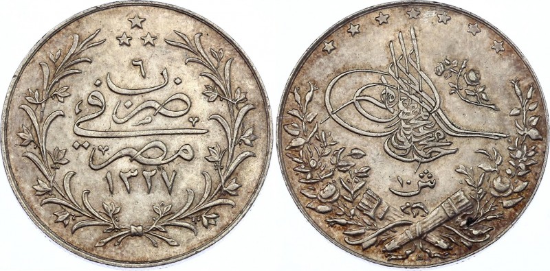 Egypt 10 Qirsh 1913 AH 1327 (6) H
KM# 309; Silver; Mehmed V; AUNC