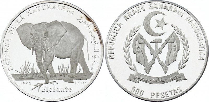 Sahrawi Arab Democratic Republic 500 Pesetas 1993
KM# 11; Silver Proof; Elephan...