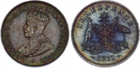 Australia 3 Pence 1911
KM# 24; Silver; George V; UNC with Outstanding Toning!