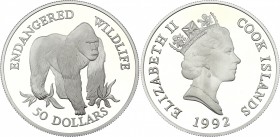 Cook Islands 50 Dollars 1992
KM# 264; Silver Proof; Lowland Gorilla