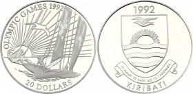 Kiribati 20 Dollars 1992
KM# 17; Silver (0.925) 31.47g; Proof; The Sun, Sailboaters & Seagull Above