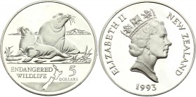 New Zealand 5 Dollar 1993
KM# 89; Silver Proof; Sea Lions