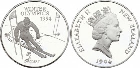 New Zealand 5 Dollars 1994
KM# 96; Silver (0.925) 31.5g; Proof; Winter Olympics