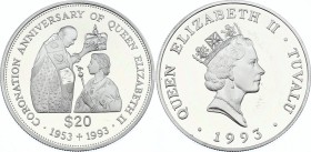 Tuvalu 20 Dollars 1993
KM# 16; Silver Proof; 40th Anniversary of Coronation, Coronation Scene