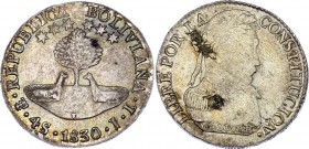 Bolivia 4 Soles 1830 PTS JL
KM# 96a.2; Silver; XF+ with Nice Toning!