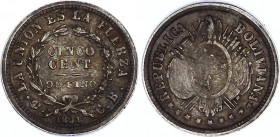 Bolivia 5 Centavos 1891 PTS CB
KM# 157.2; Silver; XF