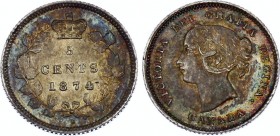 Canada 5 Cents 1874 H
KM# 2; Silver; Victoria; XF+ with Overstrike Traces & Beautiful Toning!