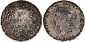 Canada 25 Cents 1874 H
KM# 5; Silver; Victoria; aUNC+/UNC-