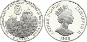 Cayman Islands 5 Dollars 1988
KM# 96; Silver Proof; Discovery of America; Ships
