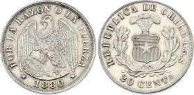 Chile 20 Centavos 1880
KM# 138.2; Silver; Pedro II; XF