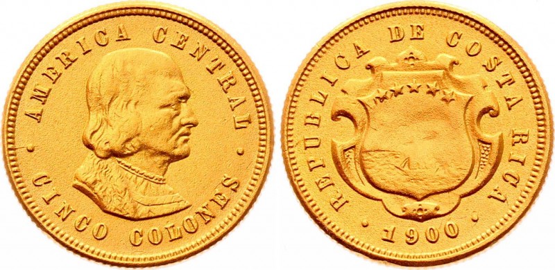 Costa Rica 5 Colones 1900
KM# 142; Gold (.900) 3.89g; Colombus; XF