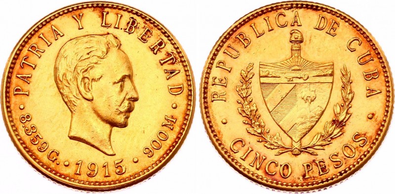 Cuba 5 Pesos 1915
KM# 19; Gold (.900) 8.36g; Jose Marti; AUNC