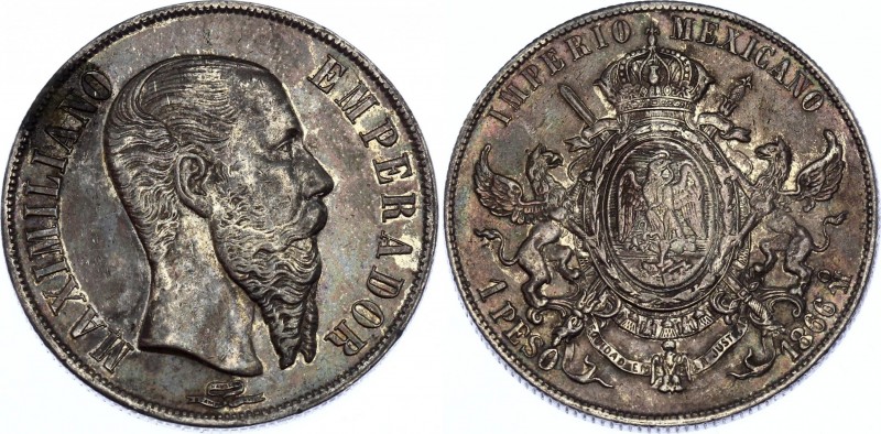 Mexico 1 Peso 1866 Mo
KM# 388.1; Silver; Maximiliano Il; XF+ with Nice Dark Ton...