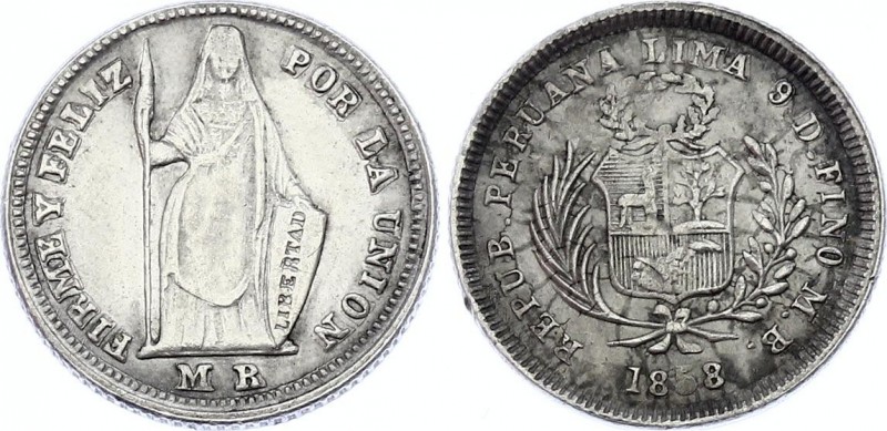 Peru 1/2 Real 1858/68 L MB Overstrike!
KM# 177; Silver; Transitional Coinage; U...