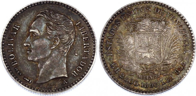 Venezuela 1/2 Bolivar 1893 A
Y# 21; Silver; aUNC