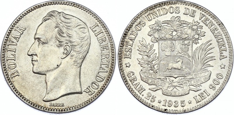 Venezuela 5 Bolivares 1935
Y# 24.2; Silver; aUNC with Mint Luster!