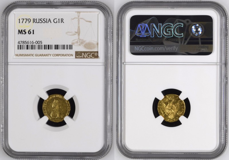 Russia 1 Rouble 1779 R NGC MS 61
Bit# 115 R; Gold 1,0g.; AUNC