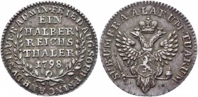 Russia Jever 1/2 Thaler 1798 R1
Bit# E2 R1; KM# 109; EIN REICHSTHALER 1798 YEAR "DUTCHY OF JEVER" - Friederike Auguste Sophie. Silver, AUNC, mint lus...