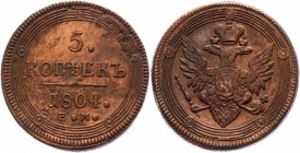 Russia 5 Kopeks 1804 ЕМ
Bit# 290; Copper 51,17g.; Edge - rope; Yekaterinburgh mint; Natural colour; Mint luster; Beautiful collectible sample; Естест...