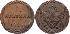 Russia 5 Kopeks 1806 КМ R
Bit# 419 R; Copper 49,4 g.; Suzun mint; Edge - rope; Coin from an old collection; Mint luster; Natural patina and colour; A...