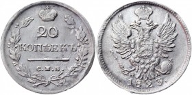 Russia 20 Kopeks 1823 СПБ ПД
Bit# 206; 3 Roubles by Ilyin; Silver 4,4 g.; Wide crown; Bright mint luster; Perfect collectible sample; Rare in that hi...