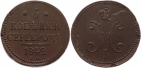 Russia 3 Kopeks 1842 ЕМ
Bit# 541; Copper 30,55g.; XF