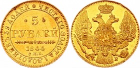 Russia 5 Roubles 1844 СПБ КБ
Bit# 24 (R); Gold (917), 6.54g. UNC. Very beautiful lustrous early-strike coin.