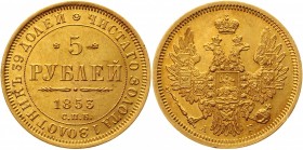 Russia 5 Roubles 1853 СПБ АГ
Bit# 36; Gold 6,54g.; AUNC-UNC
